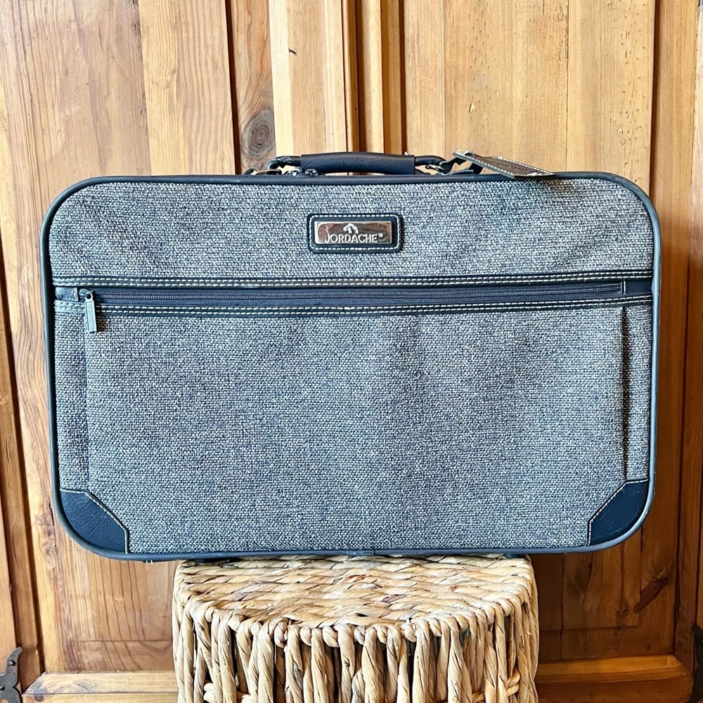 Vintage Jordache 80s Navy Leather Tweed Suitcase